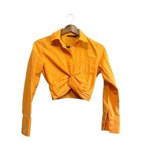 Nasty Gal Collection Orange Cropped Knot Front Shirt Long Sleeve Button Up Small